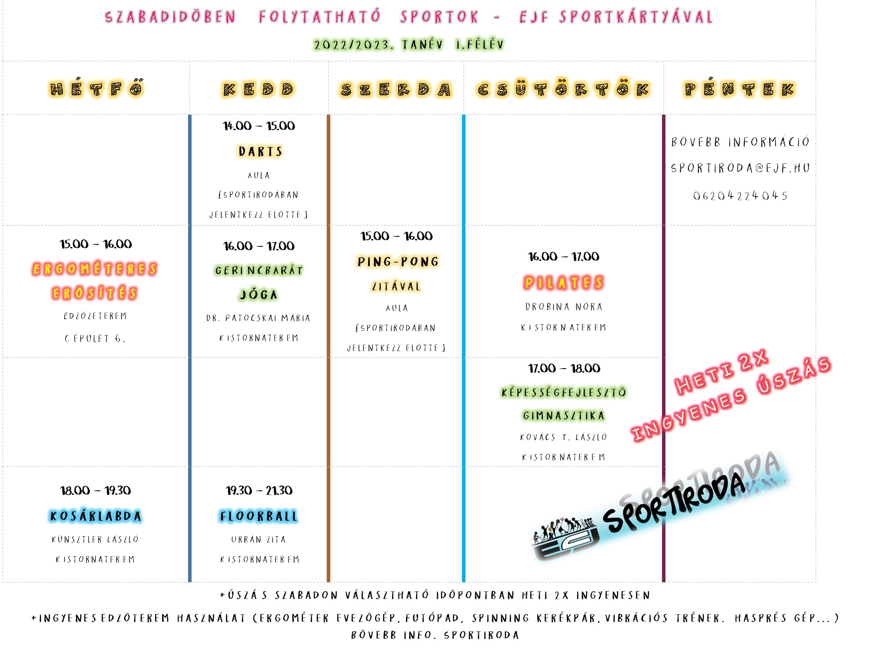 Sportórarend 2022/2023 I. félév